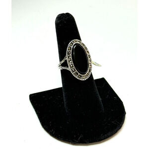 Genuine Onyx & Marcasite Oval Cocktail Ring 18Kt HGE Silver Tone Size 7 NEW USA